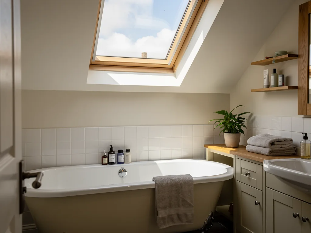 A bathroom with a roof window above a freestanding bath