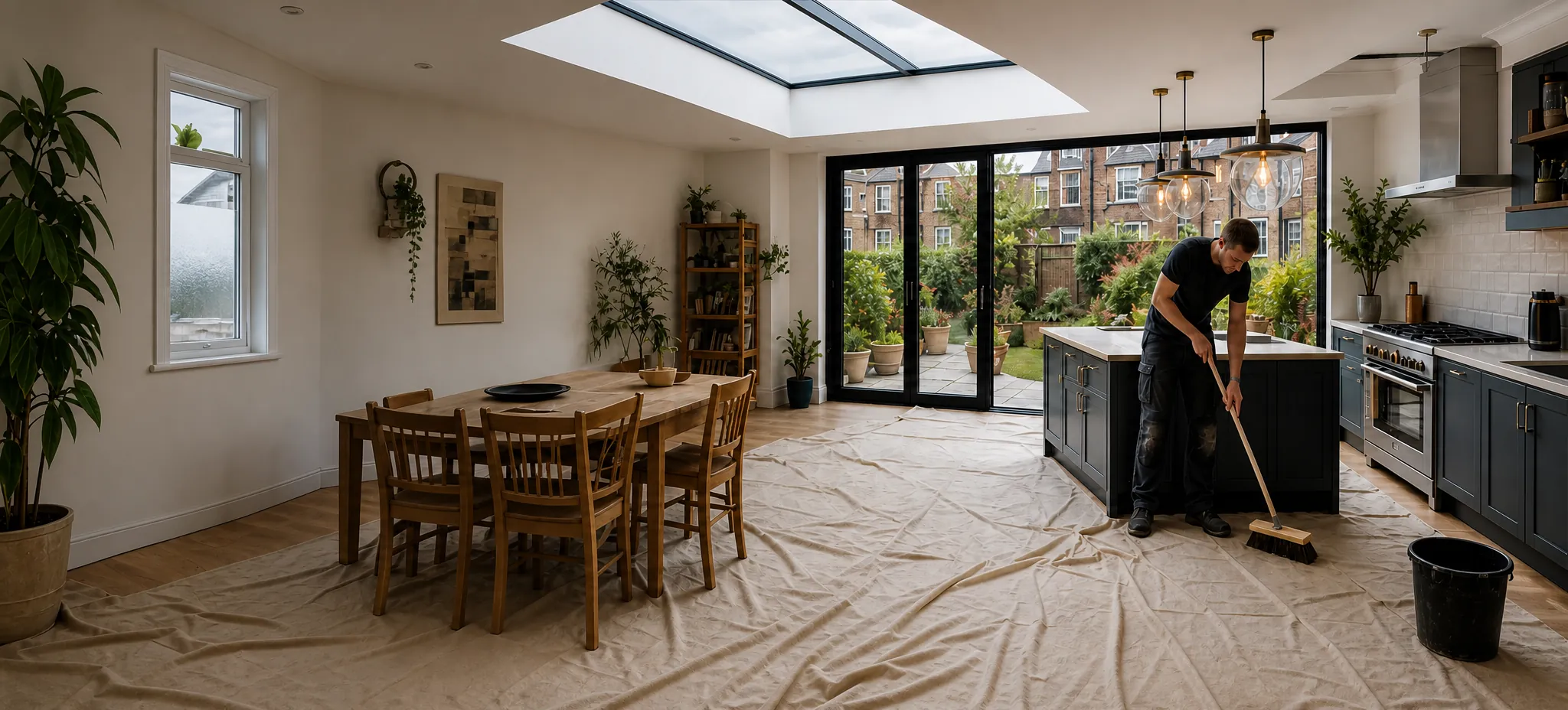 A new flat rooflight over a York terrace kitchen extension, the floor under dust sheets while the fitter sweeps up