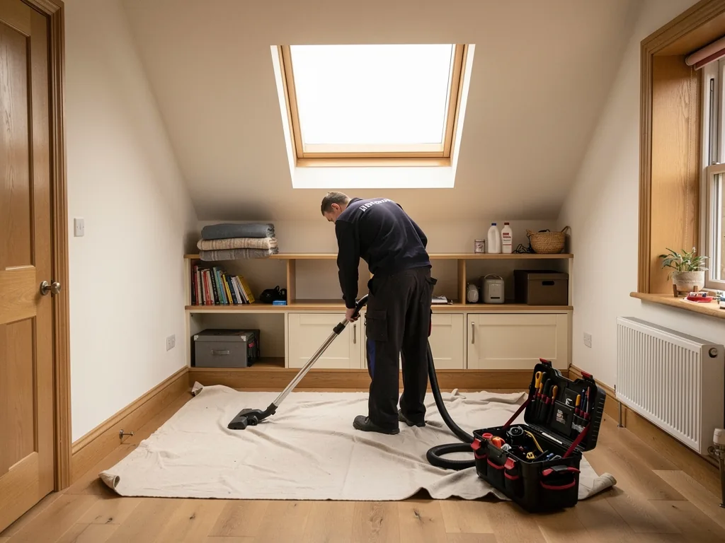 A fitter sweeping up under a newly fitted rooflight, with the floor still protected by dust sheets