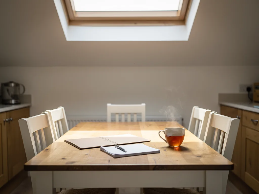 A folder of paperwork and a cup of tea on a table under a new rooflight
