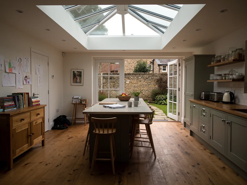 A kitchen-diner extension with a roof lantern over the table