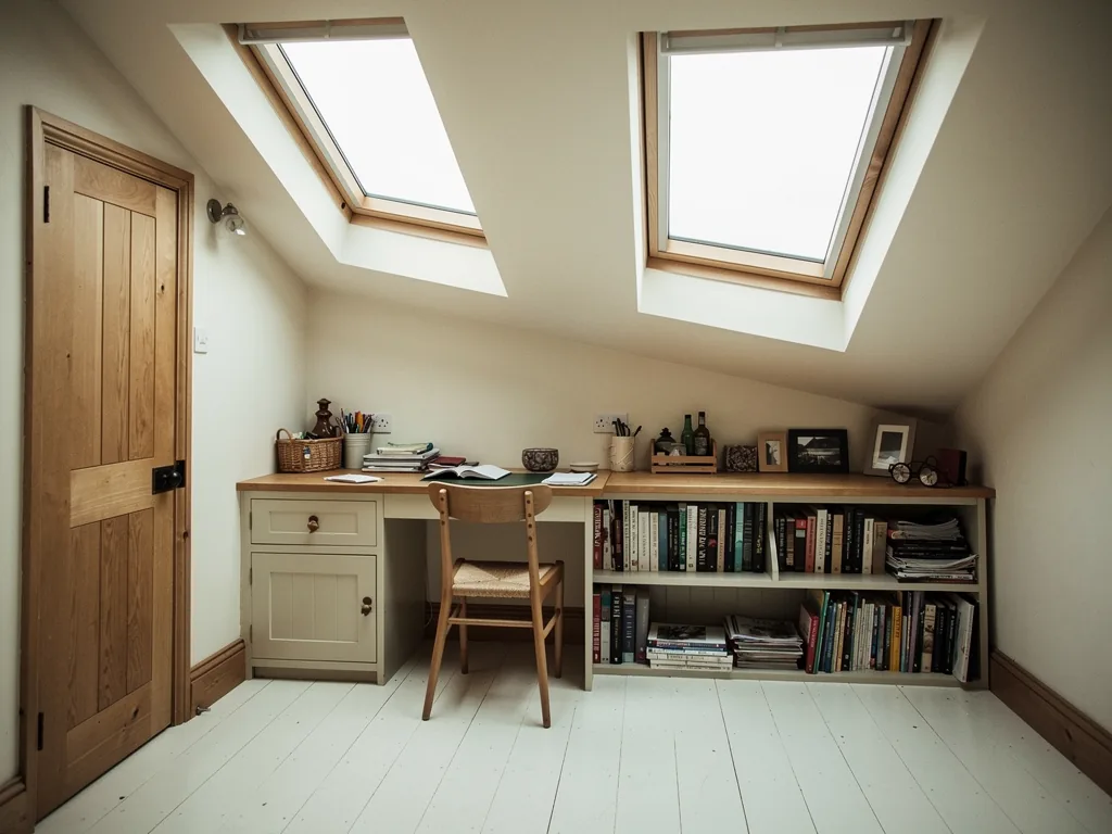 A finished loft conversion with two roof windows and a desk under the eaves
