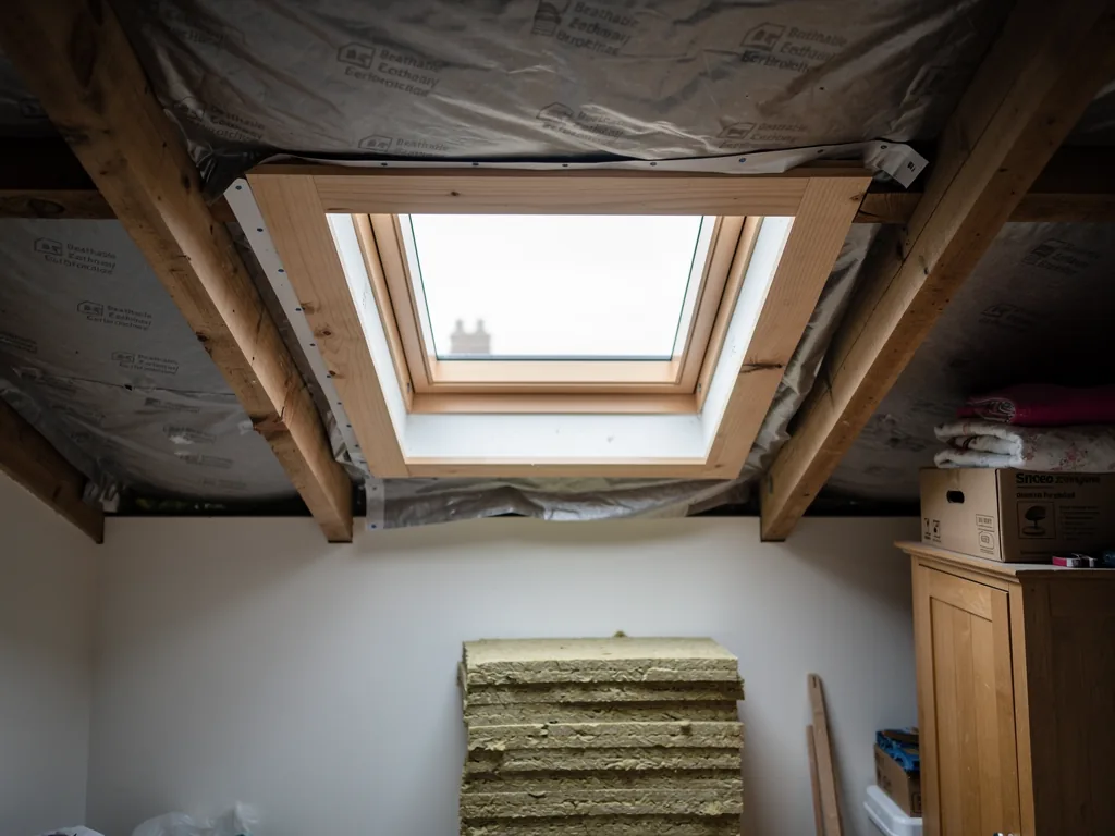 New timber trimmers framing a roof window opening between rafters