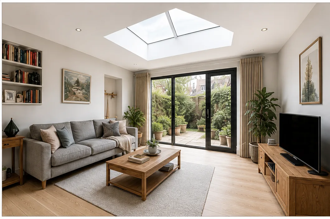 A bright living room under a flat rooflight, with a grey sofa, bookshelves and glazed doors to the garden
