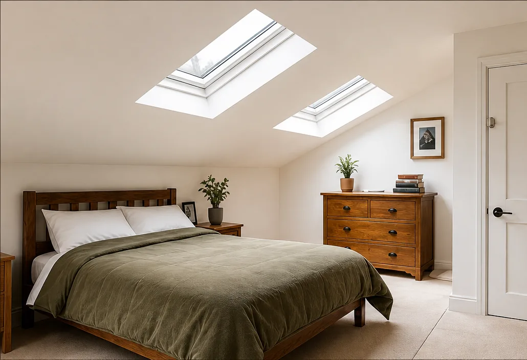 A loft bedroom in a 1930s semi with two new roof windows letting in soft daylight