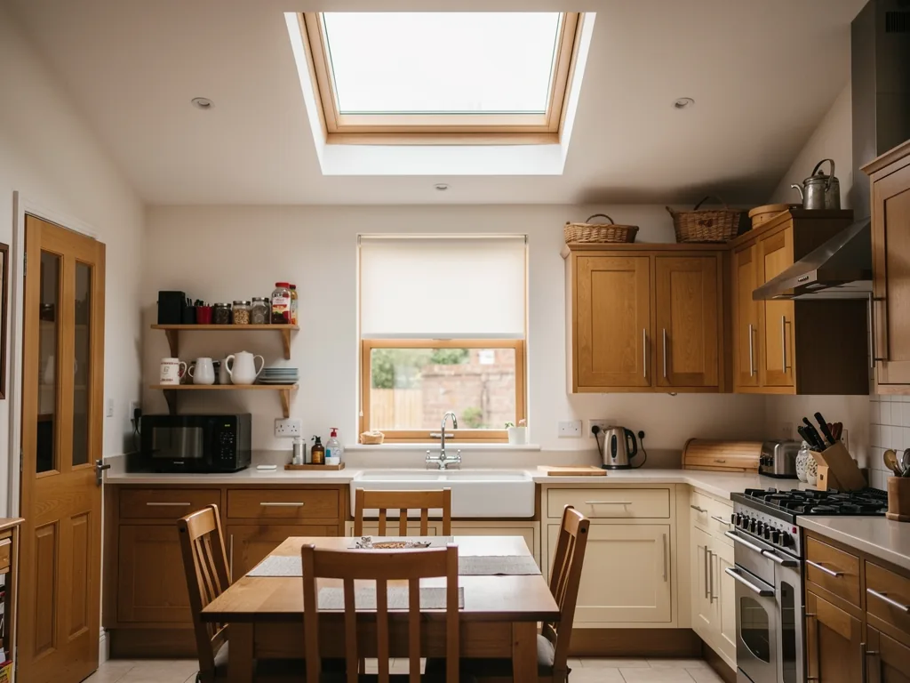 A kitchen with a clear new flat rooflight over the table