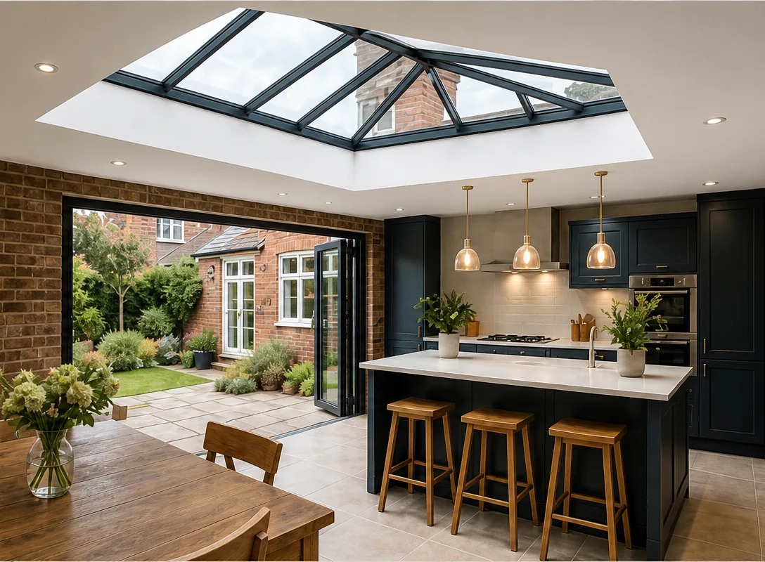 A new dark aluminium roof lantern over a bright kitchen-diner extension with bifold doors to the garden