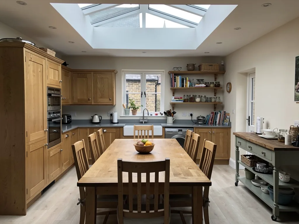 A roof lantern over the dining table in a kitchen extension