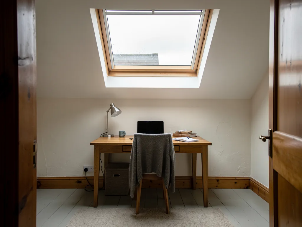 A home office in a loft lit by a single roof window