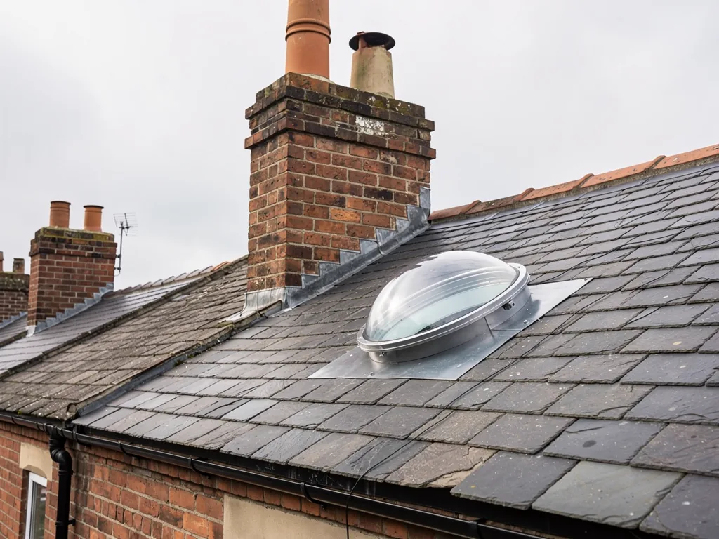 A sun tunnel dome on a slate roof beside a chimney