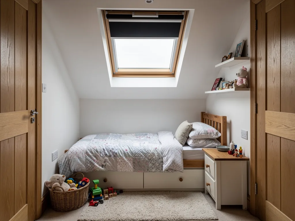 A child's loft bedroom with a roof window and a blind half drawn